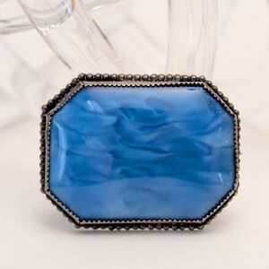 Vintage Marbled Blue Art Glass Cabochon Brooch Simple Silver Tone Setting Czech?